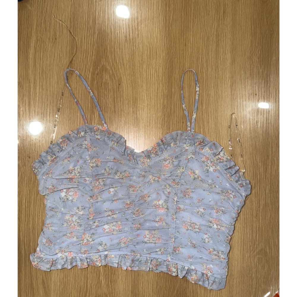Blue Floral Mesh Ruched Two Piece Set Crop Top and Mini Skirt Co-ord